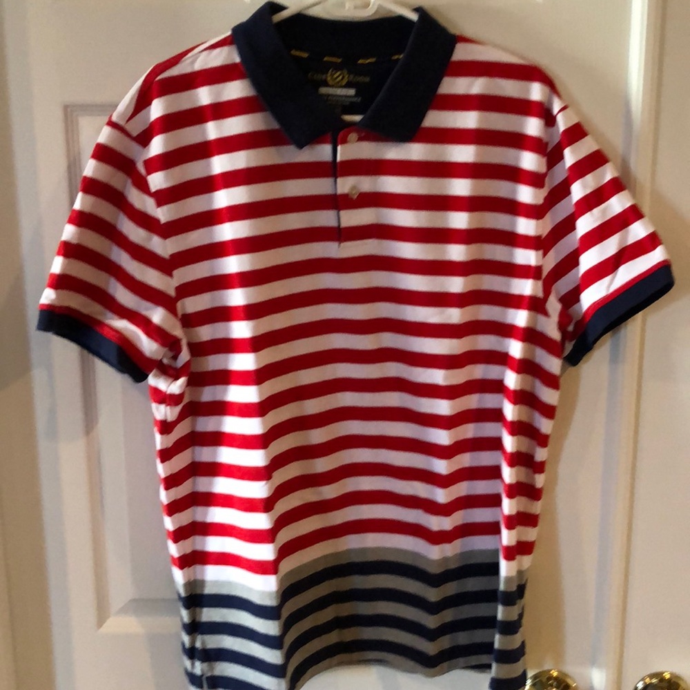 XXL slim fit; Red, white, blue and gray polo shirt